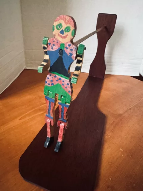 Carved Teak Wood Articulated Dancing Painted Doll Amazing OOAK Folk Art 17" x 9"