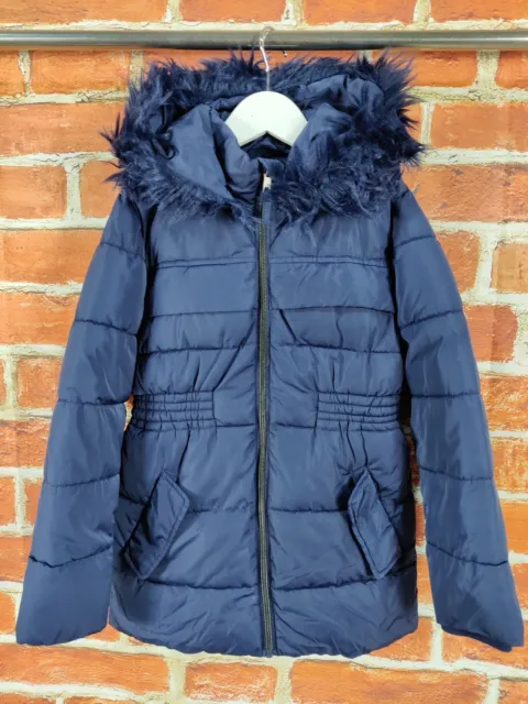 Girls Nutmeg Navy Padded Coat Jacket Age 7-8 Years Fur Trim Quilted School 128Cm