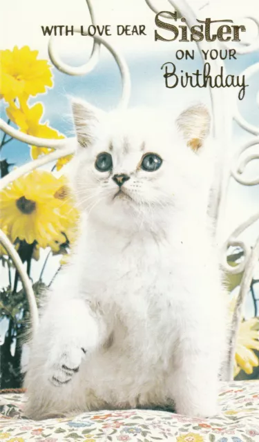 Sister Happy Birthday Vintage 1970's Greeting Card - Cute White Cat Kitten