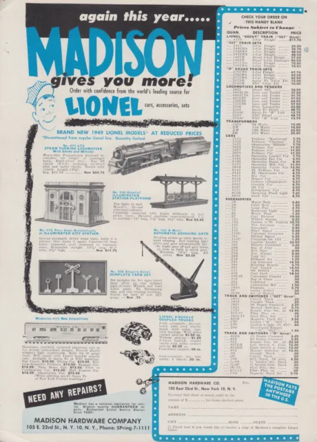 Madison Hardware Lionel Electric Trains ad 1951 1949 turbine reduced prices