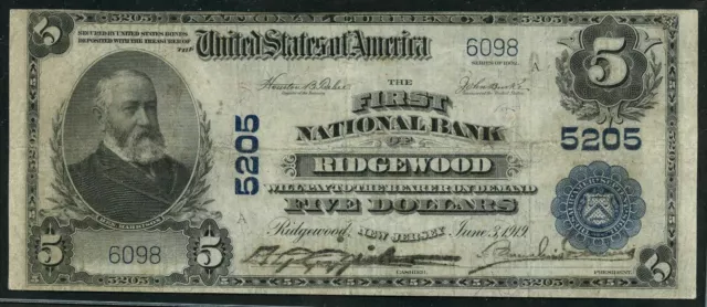 Fr606 Ch#5205 $5 1902 Plain Back "Ridgewood, Nj" Vf Rare (14) Fr606 Ch#5205 $5 1902 Plain Back "Ridgewood, Nj" Vf Rare (14)