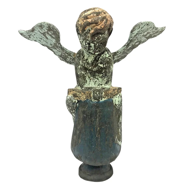 Vintage Hand Carved Wooden Angel Figure Statue Aritsan Antique 9.5" Tall