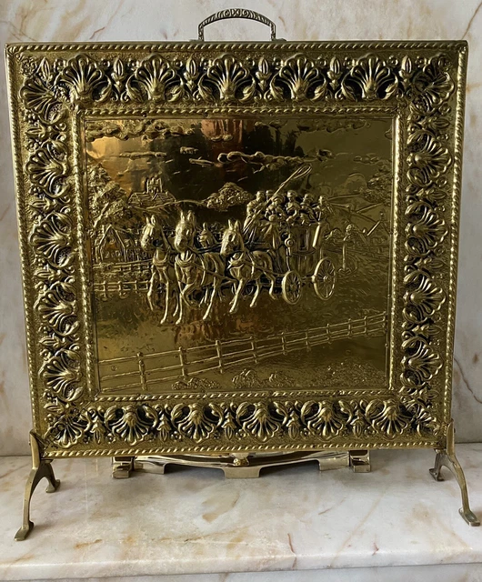 Schermo antincendio vintage in ottone goffrato con Stagecoach & design floreale (FU3582)