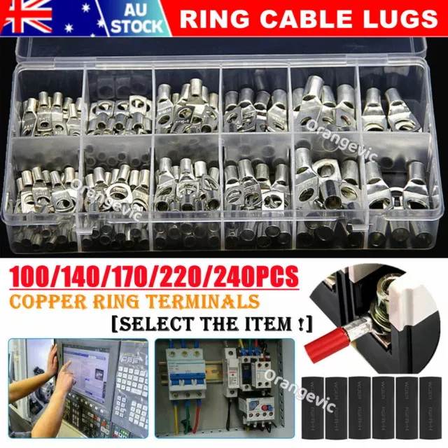 240/100Pcs Car Battery Cable Lugs Kit Crimp Copper Ring Terminal Wire Connectors