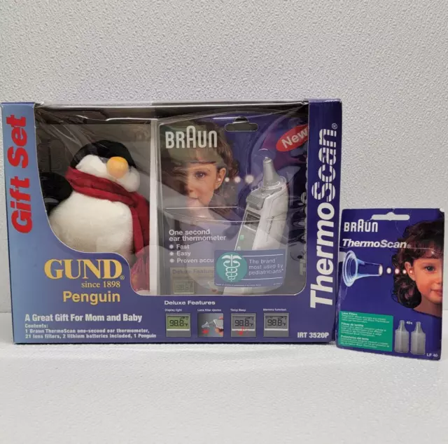 Vintage 2001 Braun Ear Thermometer And Gund Penguin Plush Gift Set - NOS