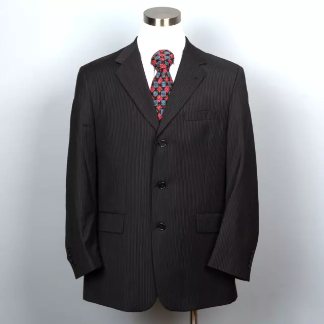 Kenneth Cole New York Mens 44R 3 Button Wool Blazer Sport Coat Black Pinstripe