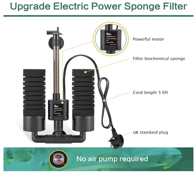 AQQA Aquarium Double Sponge Filter, 3W Quiet Electric Power Fish Tank Filter