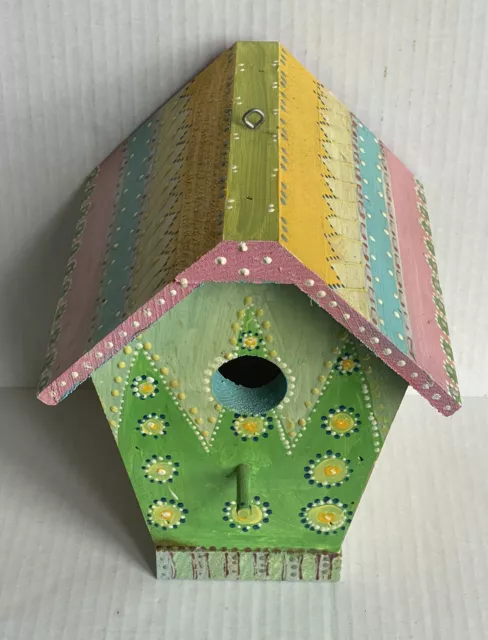 Vintage Hand Painted Wood Birdhouse Signed Dated Whimsical Colorful Pastels 1988