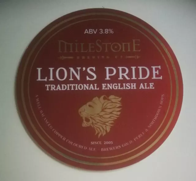 Beer pump clip badge front MILESTONE brewery LION'S PRIDE real ale Nottingham