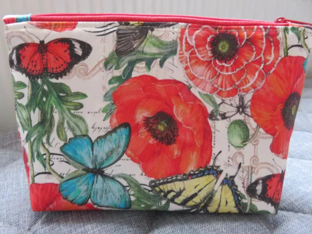 Handmade Cotton Make Up Cosmetic Bag Red Poppy Blue Butterfly Fabric