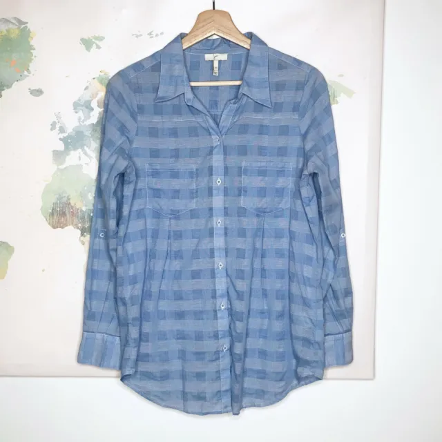 Joie Blouse Size XS Cartel Blue Plaid Button Down Shirt Roll Tab Sleeves Cotton