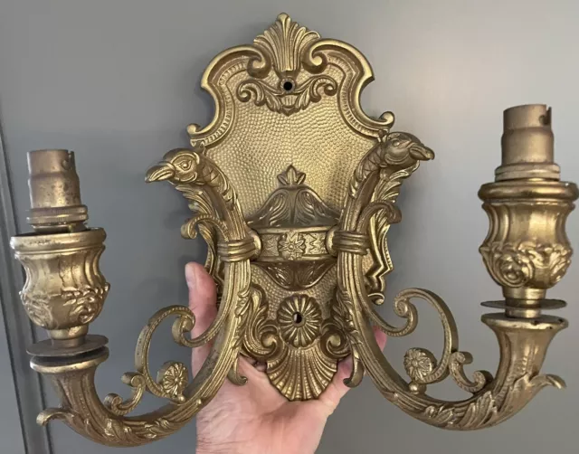 Stunning pair of Antique French ornate cast brass wall lights. Rewired.