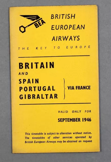 Bea British European Airways Timetable Spain Portugal Gibraltar September 1946