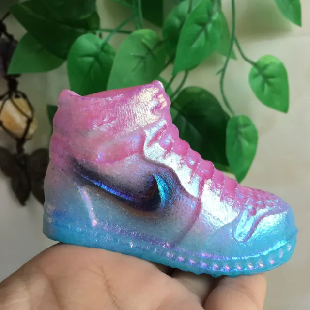 216g Titanium Pink Blue Aura White Jade Sneaker Shoe Carving Quartz Crystal