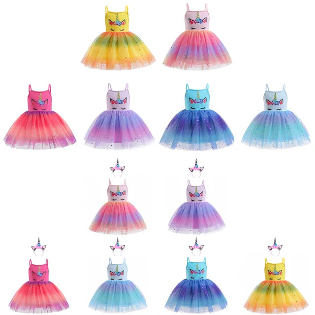 Kids Baby Girls Cute Cartoon Print Tutu Dress Birthday Party Shiny Gradient Set