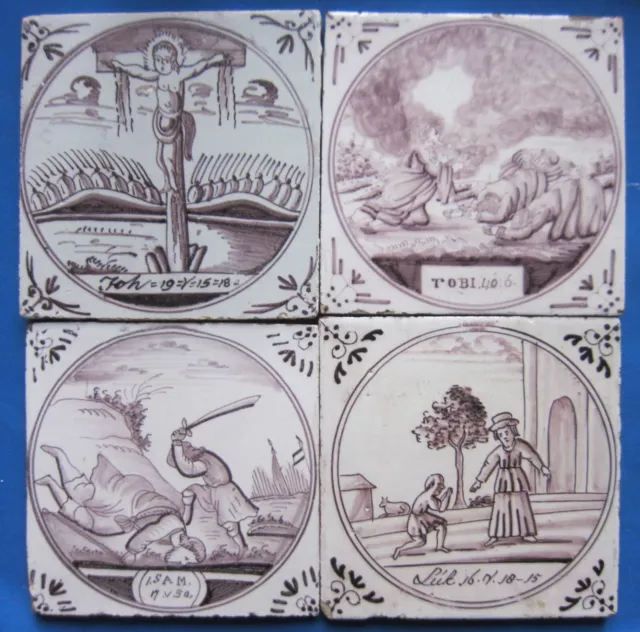 4 Antique Delft tiles - biblical- ca 1750
