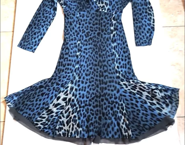 FUZZI Mesh Leopard Printed V Neck Flared Dress Long Sleeve Size M Made In Italy