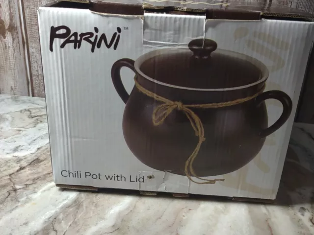 Parini Chili Pot With Lid Brown Ceramic 5 Quart Microwave Safe New in Box