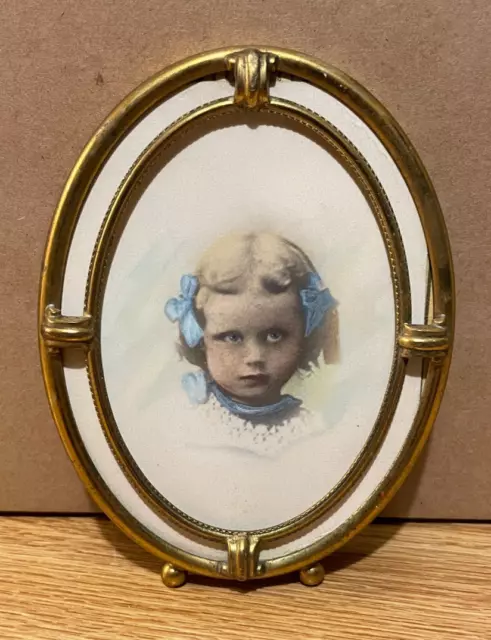 Blonde Hair Blue Eyed Young Girl Hand Colored Photo Frame Oval 24K Gold Plated