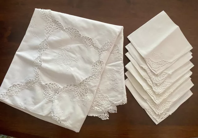 Vintage White Linen Tablecloth 80x64 and Matching Napkins; Cut-work Crochet