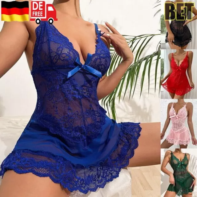 Damen Spitze Nachtwäsche Reizwäsche Babydoll Dessous Sexy Negligee Trägerkleid