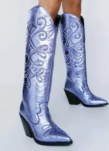 Nasty Gal Leather Knee High Cowboy Boots Blue Metallic UK 5