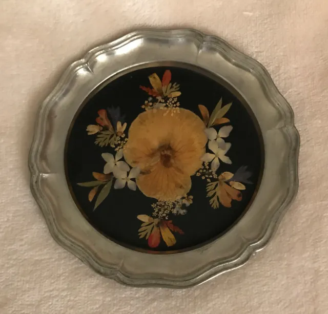 Vintage Rein Zinn Decorative Plate with Real Switzerland Alp Flowers
