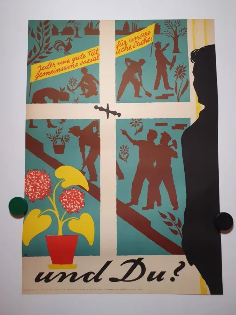 Plakat "Und Du?" Jeder eine gute Tat Sozialismus Propaganda 1958 DDR Original