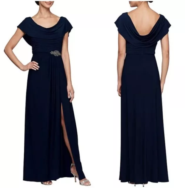 Alex Evenings Embellished Cowl Neck Jersey Gown Navy Blue 14 2