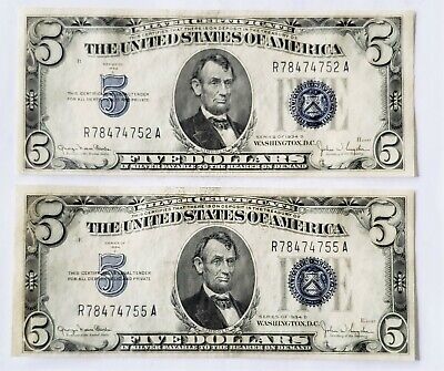 Pair (TWO) Series 1934D $5 Five Dollar Lincoln Silver Certificate Close Numbers