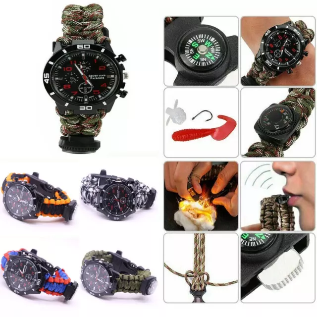 7 In 1 Survival Paracord Watch Bracelet Outdoor Compass Whistle Wild Camping Kit