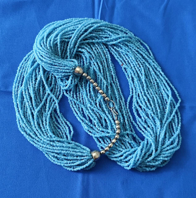 Vintage Multistrand Turquoise Glass Seed Bead Waterfall Necklace 30" Round