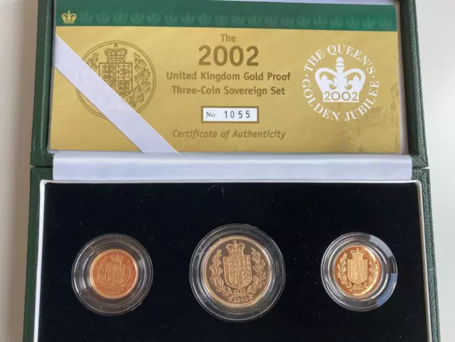 2002 ROYAL MINT GOLD PROOF  Golden Jubilee Shield 3 COIN SOVEREIGN SET Box & COA