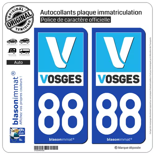 2 Stickers autocollant plaque immatriculation : 88 Vosges Département