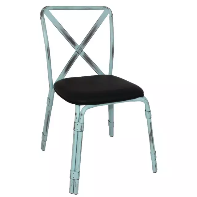 4x Bolero Antique Sky Blue Steel Chairs with Black PU Seat