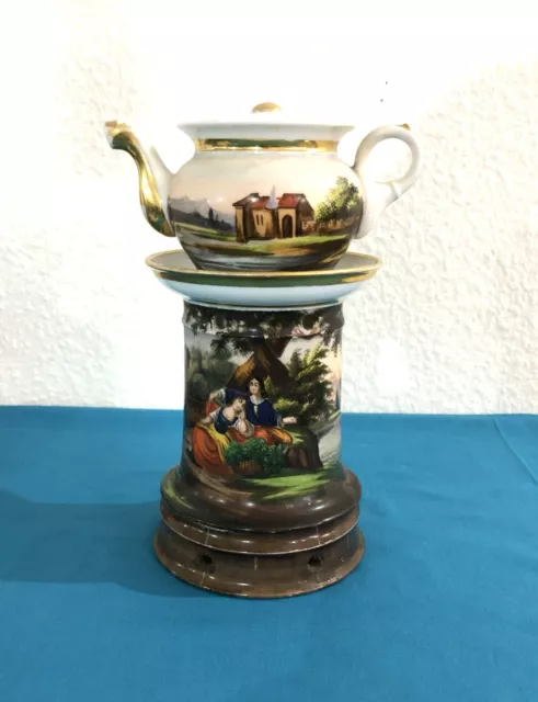 Ancienne tisanière en porcelaine de Paris XIX 19eme Veilleuse Dorure Décor peint