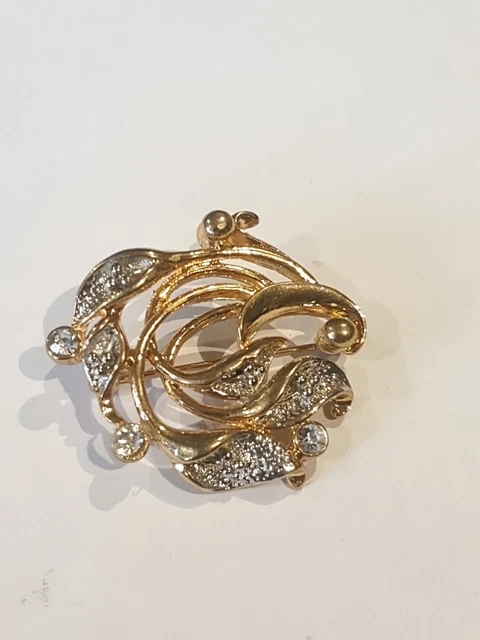 Broche Ancienne En Métal Doré Avec Strass - Occasion, Bijou Vintage