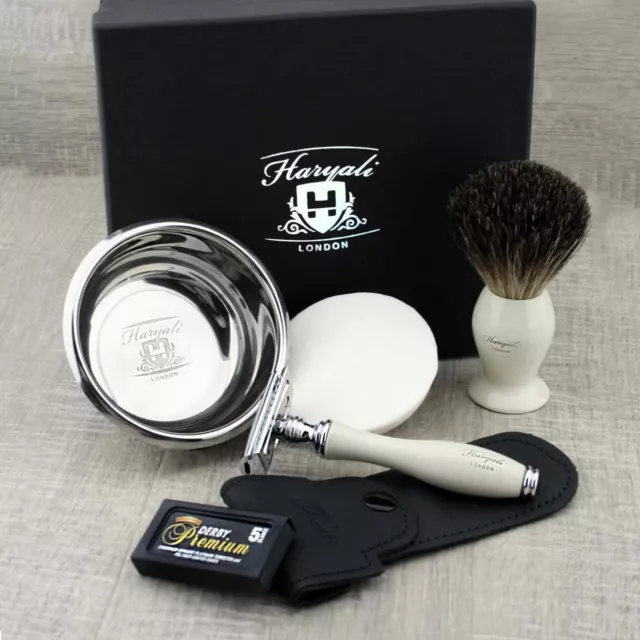 4 Piece Mens Shaving Kit DE Safety Razor, Black Badger Brush, Soap Bowl Gift Set