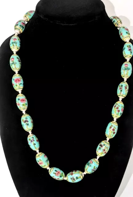 Vtg Chinese Export Rose Lotus Flowers Porcelain Hand Painted Beads 24" Necklace