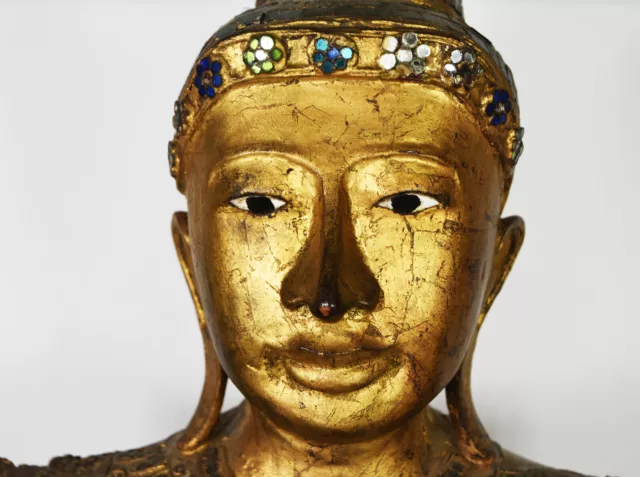 26" Vintage Hand Carved Made Wooden Asian Burmese Temple Buddha Statue Decor 2