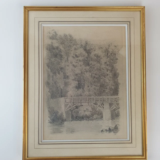 ANTIQUE 19TH CENTURY Pencil Drawing Of A Bridge Over A River Trees On A ...