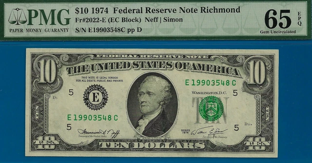 Near TOP POP - 1974 $10 FRN (( 2nd FINEST - Richmond )) PMG 65EPQ # E19903548C