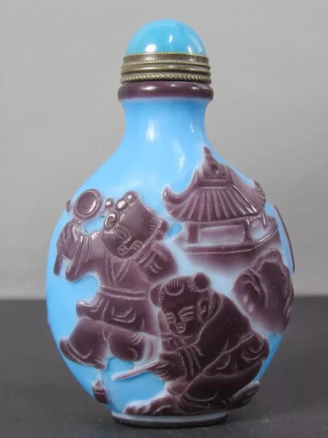 Chinese Four Boy Carved Peking Overlay Glass Snuff Bottle