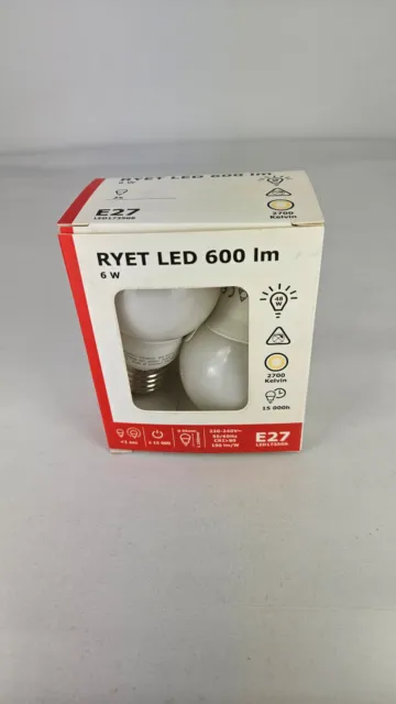 IKEA "Ryet" LED-Leuchtmittel E27 600lm 6 Watt 2700K rund opalweiß A+ - 2er Set