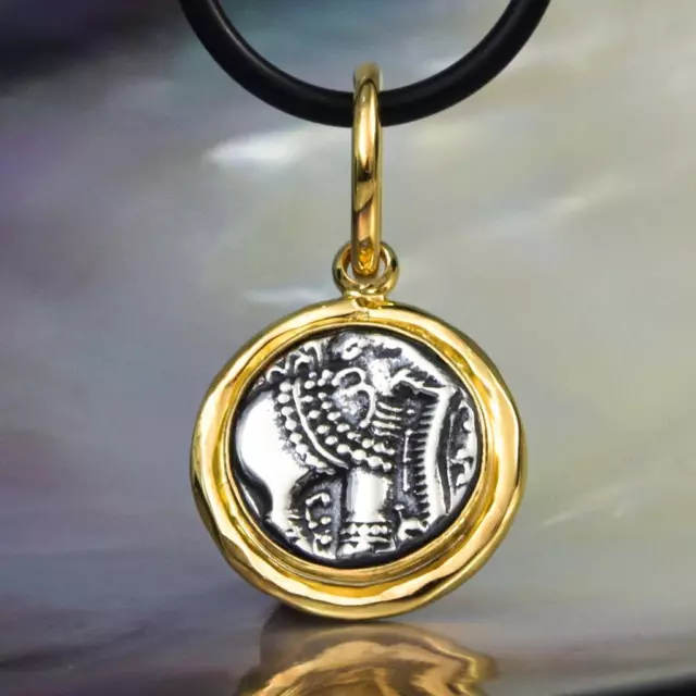 Ancient Pagoda Elephant Coin Repro Pendant & Gold Vermeil Sterling Silver 4.47 g