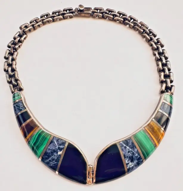 Exceptional Mexico Sterling Vintage Hi Quality Colorful Inlay 18" Necklace 170G