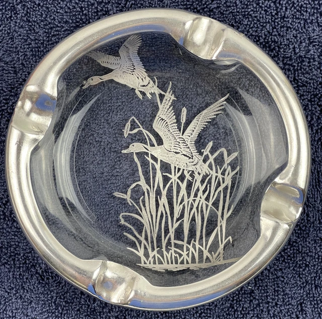 Clear Glass Ash Tray w Silver Ducks & Silver Rim 6in