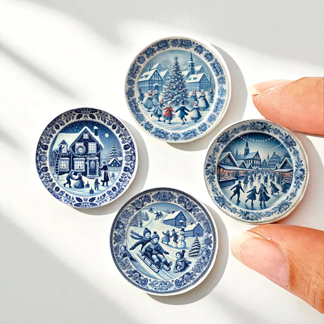 Lot De 4 Mini Assiettes En Céramique Bleu Royal Pour Maison De Poupée Noël - Fait Main Thaïlande