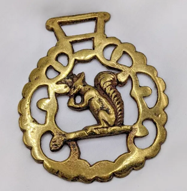 Brass Horse Medallion Vintage English Squirrel Eat Nuts Geo Pierced Parade Show