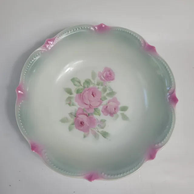 Koenigszelt Silesia Serving Bowl 9 Inch Pink Roses Green Leaves Beaded Boarder